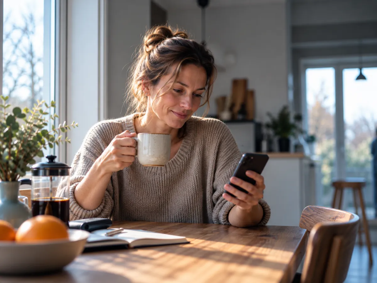 Eine Frau am Küchentisch im Morgenlicht, die mit einer Tasse Kaffee auf ihr Handy schaut
