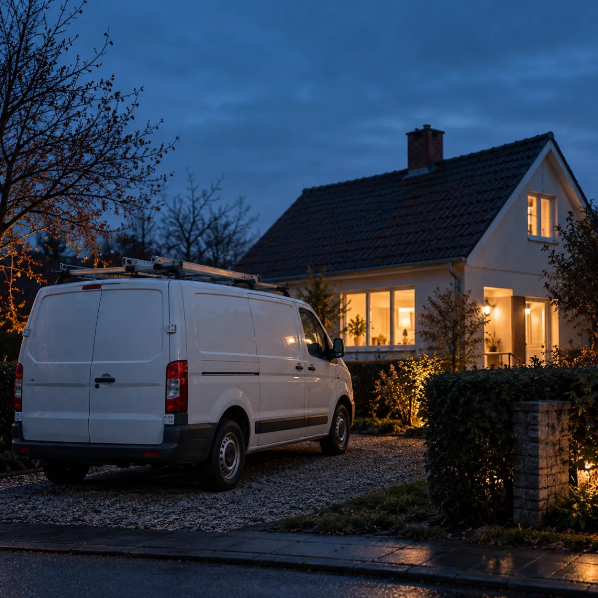 Ein weißer Transporter vor einem kleinen Haus in der Abenddämmerung, mit warmem Licht in den Fenstern