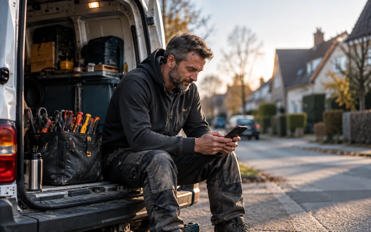 Ein Elektriker, der in der Pause hinten in seinem Transporter sitzt und auf sein Handy schaut
