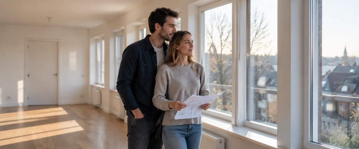 Ein junges Paar in einer leeren Wohnung, das mit einem Grundriss aus dem Fenster schaut