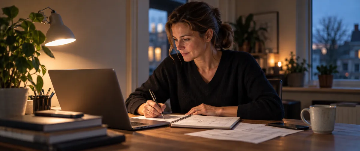 Eine Ingenieurin, die abends am Schreibtisch mit Laptop und handschriftlichen Berechnungen arbeitet