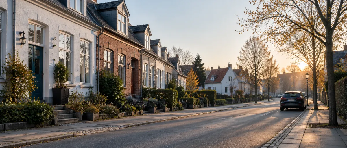 Una tranquilla strada residenziale con case diverse nella luce bassa del mattino